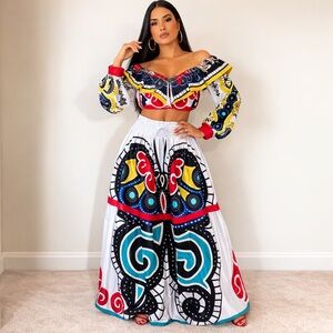 Boho Off Shoulder Crop Top High Waist Maxi Skirt Set Tribal Festival Small NWT